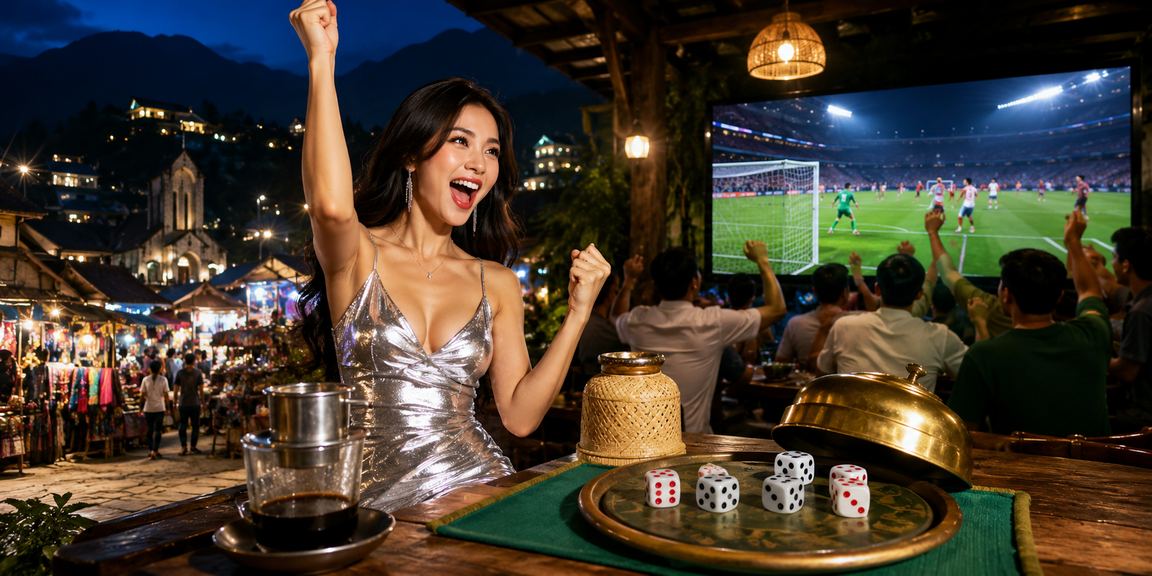 Xúc xắc tài xỉu và cảnh núi rừng Sapa gợi lên không khí giải trí thư giãn cuối tuần